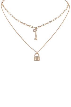 Brass Metal Lock and Key Pendant Layered Necklace