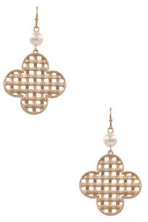 Metal Cream Pearl Quatrefoil Dangle Earrings