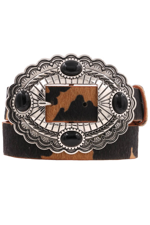 Faux Leather Stone Oval Concho  Cow Print Belt