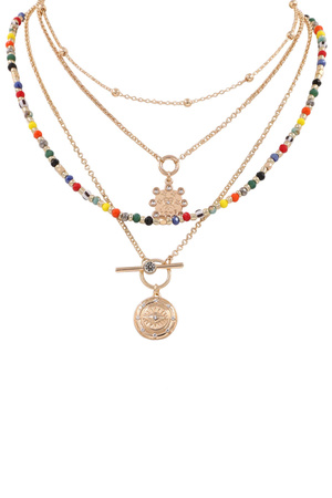 Metal Multi Layered Beaded Charm Necklace