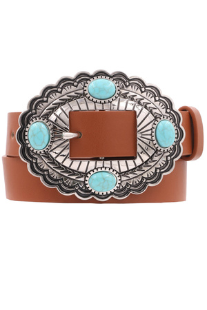 Faux Fur Stone Accent Oval Concho Buckle Belt