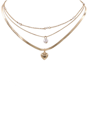 Brass Metal Cream Pearl Heart Layered Necklace