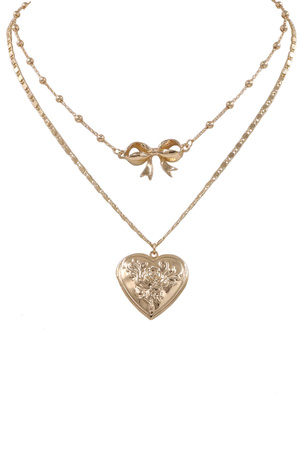 Brass Metal Bowtie Heart Locket Layered Necklace