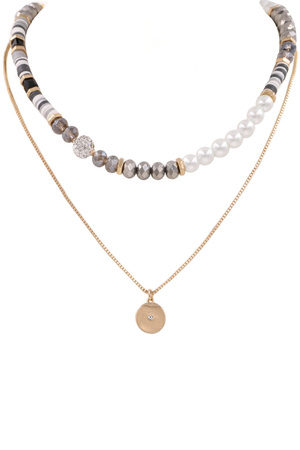 Metal Coin Charm Cream Pearl Layered Necklace