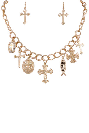 Metal Blessed Cross Charm Necklace Set