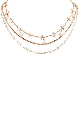 Brass Metal Cream Pearl Layered Necklace