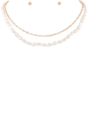 Metal Chain Layered Cream Pearl Necklace Set