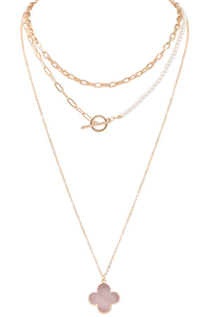 Metal Cream Pearl Quatrefoil 3-Piece Necklace Set