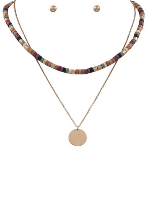 Beaded Layered Metal Disc Pendant Necklace