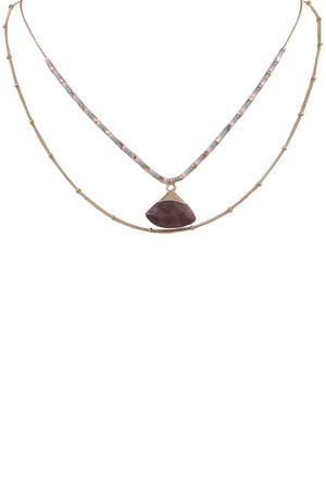 Metal Layered Seed Beaded Stone Pendant Necklace