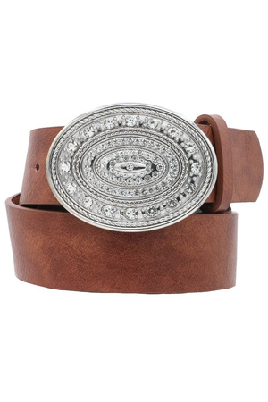 Faux Leather Oval Buckle Washed Strap Belt