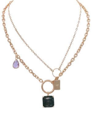 Metal Stone Square Pendant Layered Chain Necklace