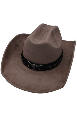 Faux Suede Long Horn Loop Stitch Banded Cowboy Hat