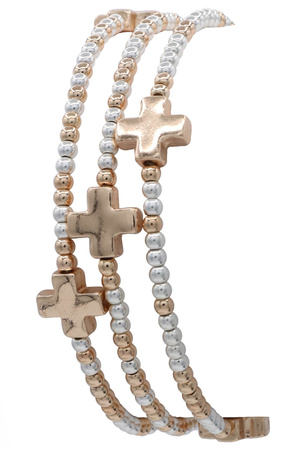 Metal Beaded Layered Cross Stretch Bracelet Set